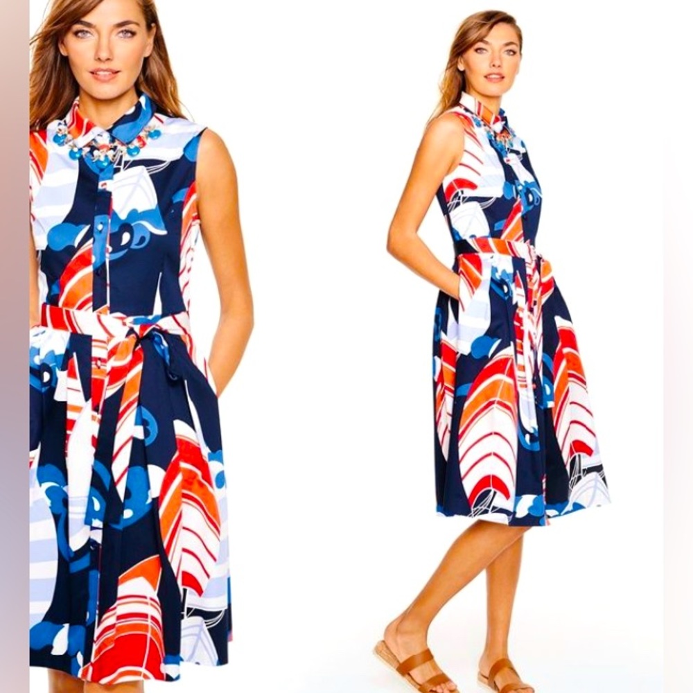 Talbots Fit and Flare sleeveless dress in red, orange, blue and white